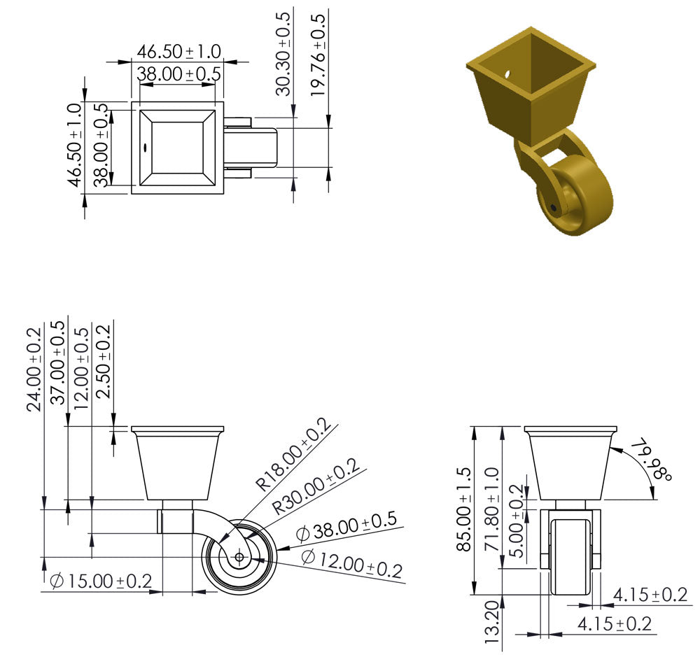 Brass Castor Square Cup with Rubber Tyre